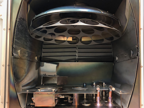 View into the vaccum-chamber with substrate-holder (top) and sources beneath